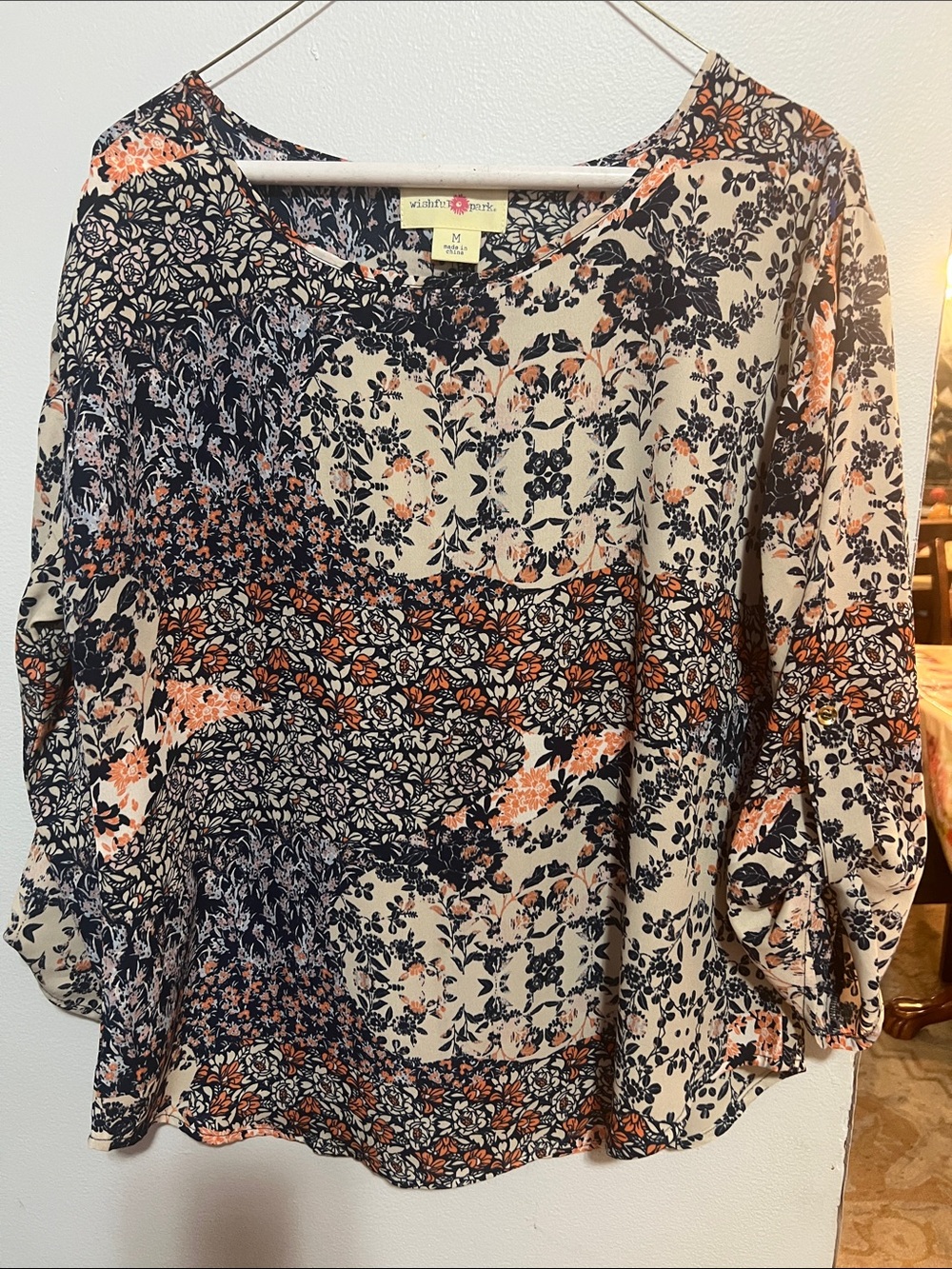 Wishful Park Cream, Black and Coral Patchwork Floral Blouse